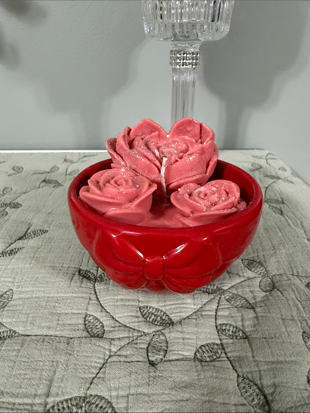 Pink Rose Candle Set in Red Ceramic Bowl
